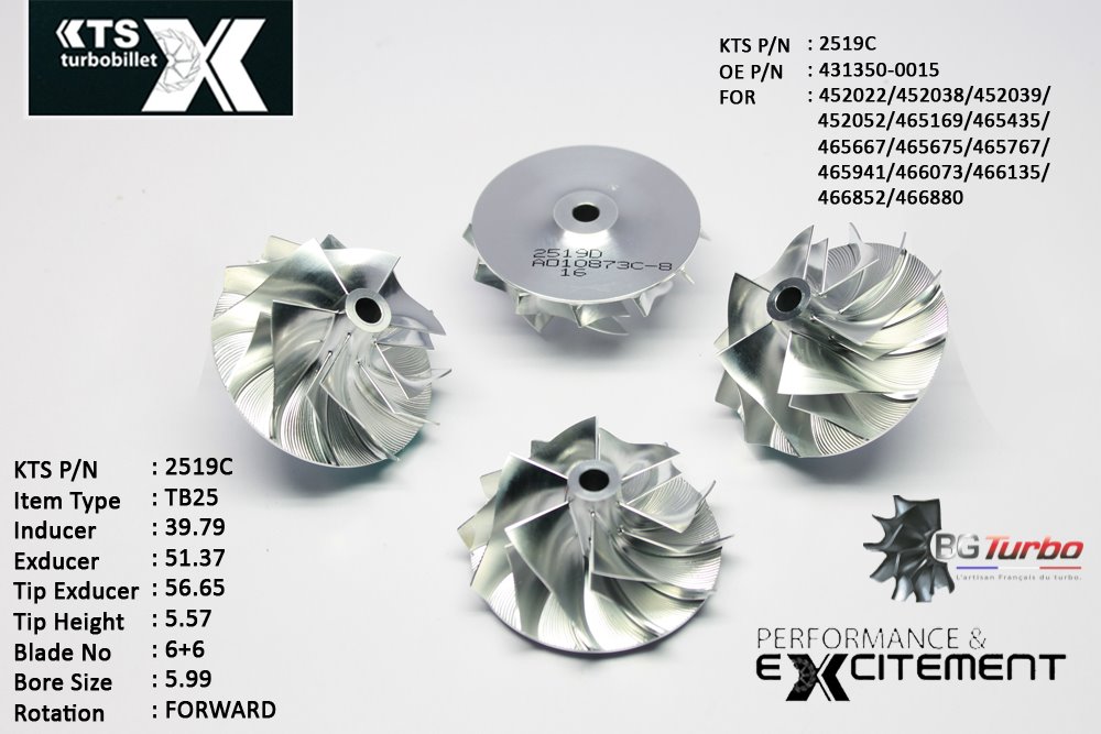 Turbo ROUE FORGÉE MFS PERFORMANCE - 6+6 PALES - INDUCER : 39,79 - EXDUCER : 51,37 - TYPE : TB25ANGLE : 70° - ROTATION : Forward - SUPER BACK : 2,24 - BORE SIZE : 5,99
